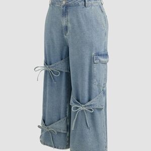 Cider Light Blue Flare Jeans with Bow Accents